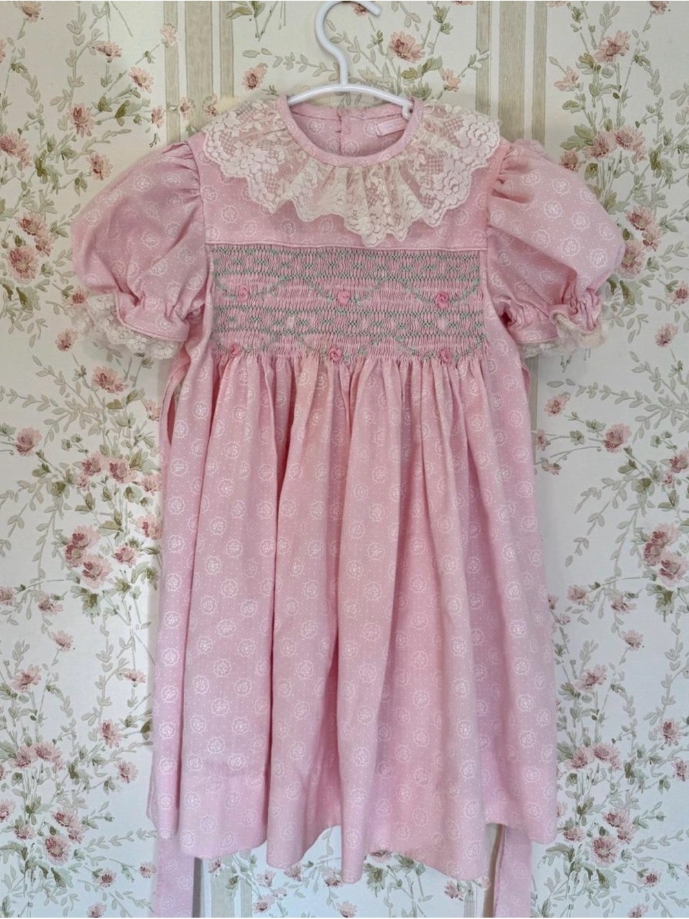 Vintage Pink Smocked Dress with Lace Collar